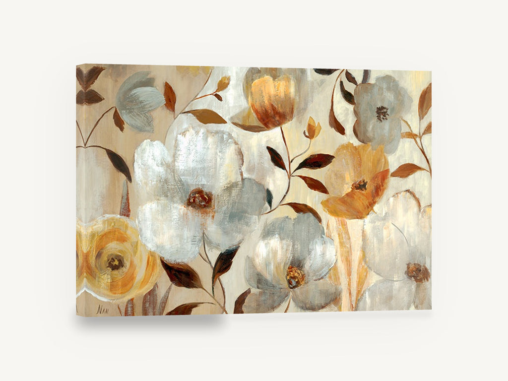 Amber and Silver Blooms, gold and grey flowers contemporary painting, floral canvas wall art print ready to hang
