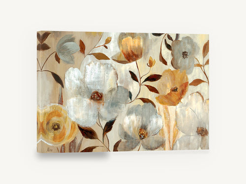 Amber and Silver Blooms, gold and grey flowers contemporary painting, floral canvas wall art print ready to hang