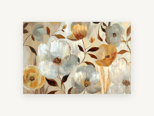 Amber and Silver Blooms, floral canvas wall art print, front view