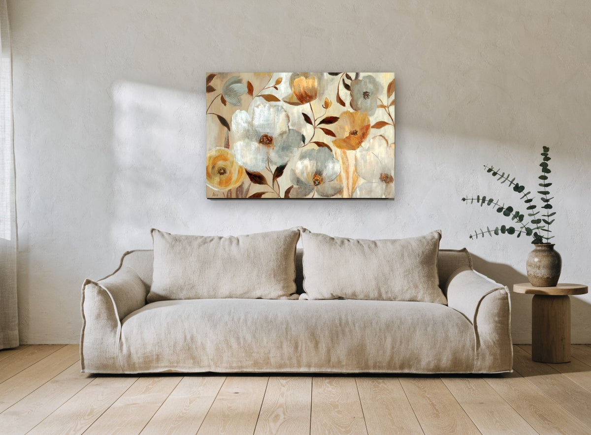 Amber and Silver Blooms floral canvas print on the wall of a living room