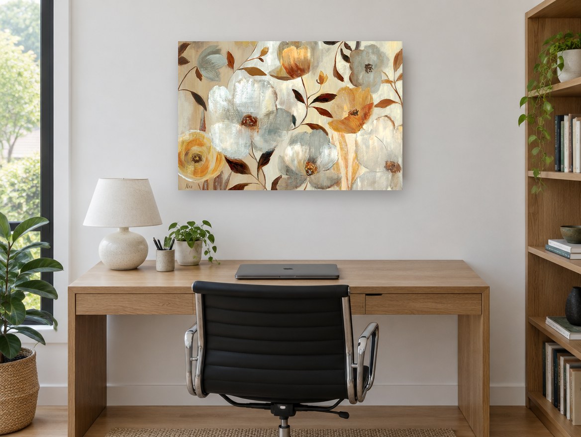 Amber and Silver Blooms floral canvas print on the wall of a study