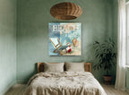 Seaside Deck Chair Collage coastal canvas print on the wall of a bedroom