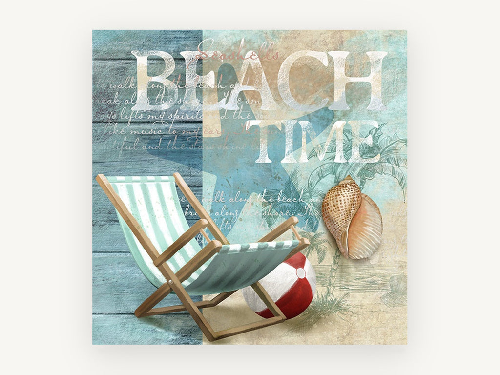 Seaside Deck Chair Collage, coastal canvas wall art print, front view