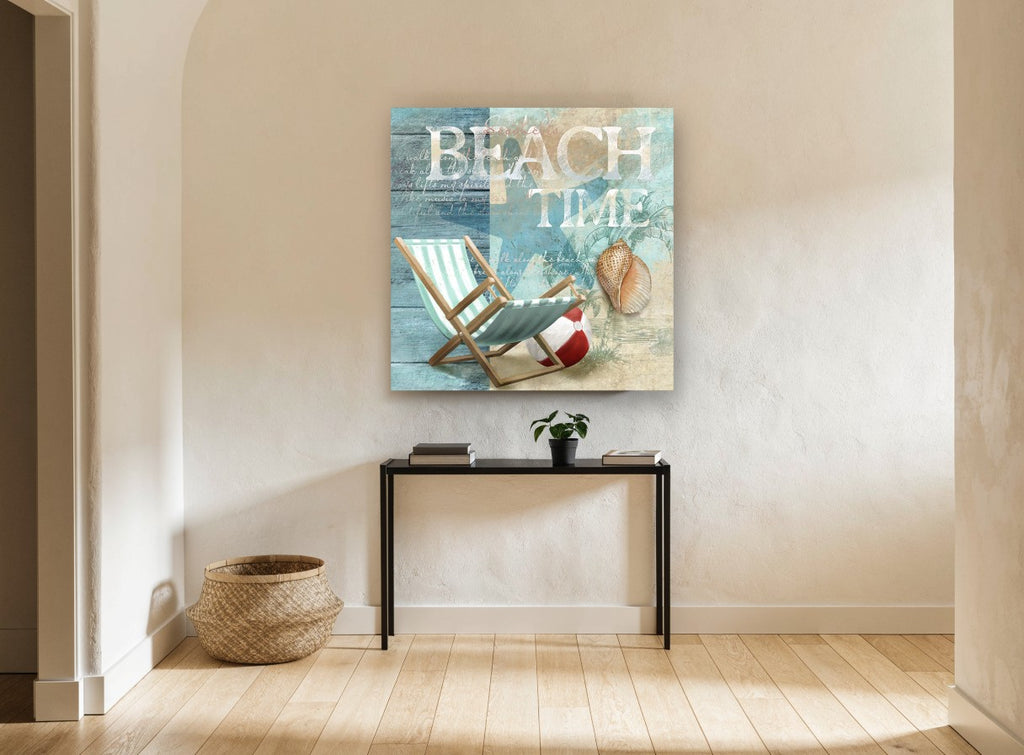 Seaside Deck Chair Collage coastal canvas print on the wall of a hallway