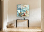 Seaside Deck Chair Collage coastal canvas print on the wall of a hallway
