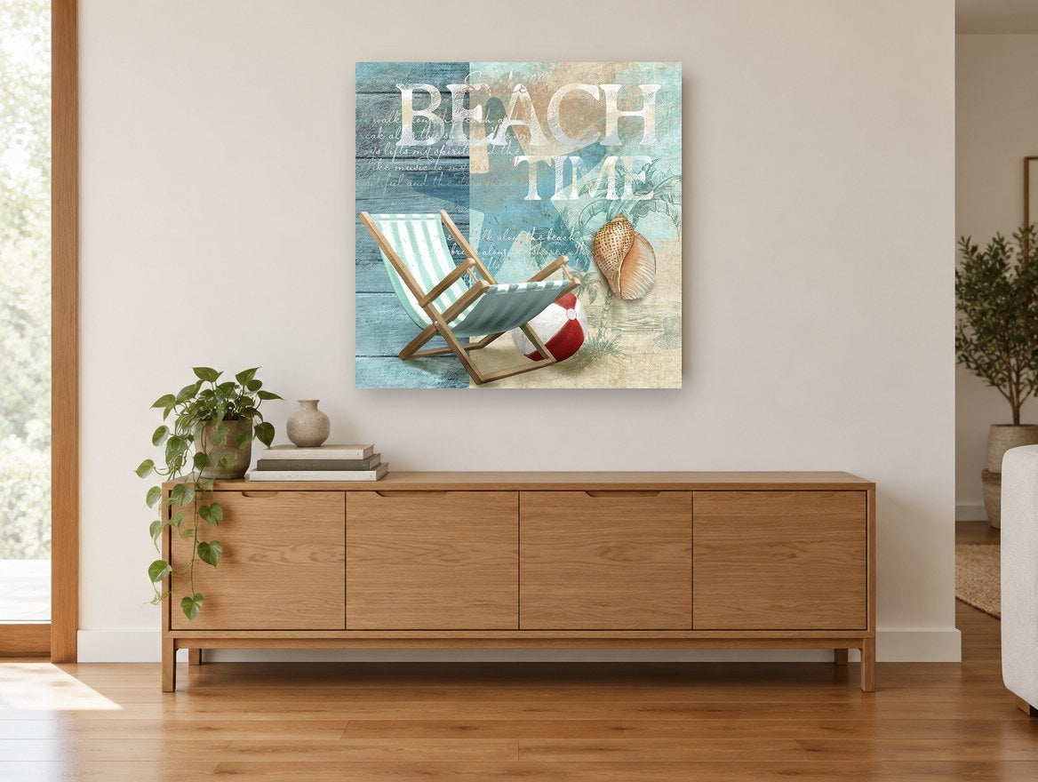 Seaside Deck Chair Collage coastal canvas print on the wall of a living room above a sideboard