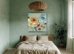 Blue Rose French Label floral canvas print on the wall of a bedroom