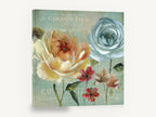 Blue Rose French Label, cream peony blue rose french typography, floral canvas wall art print ready to hang