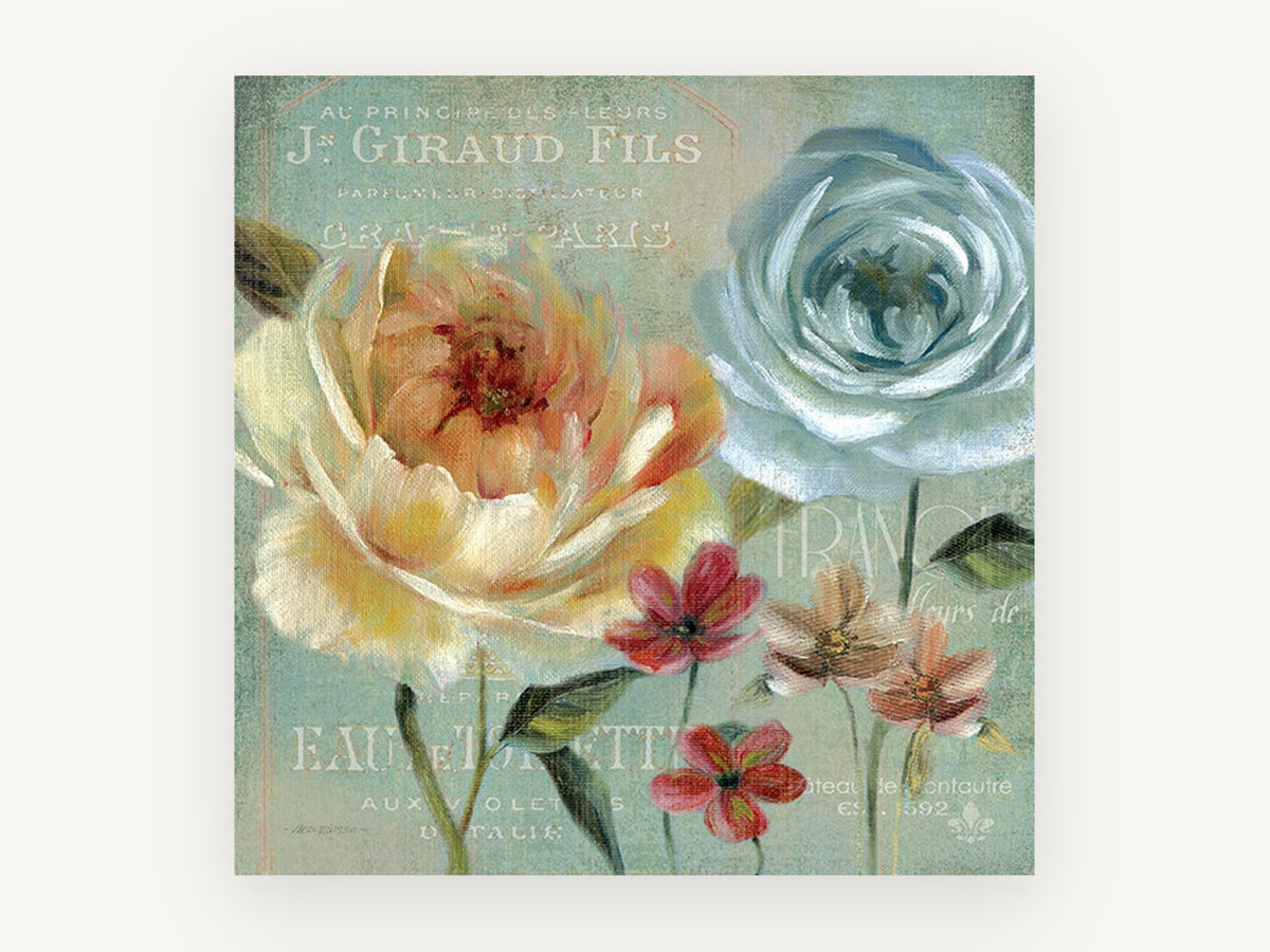 Blue Rose French Label, floral canvas wall art print, front view
