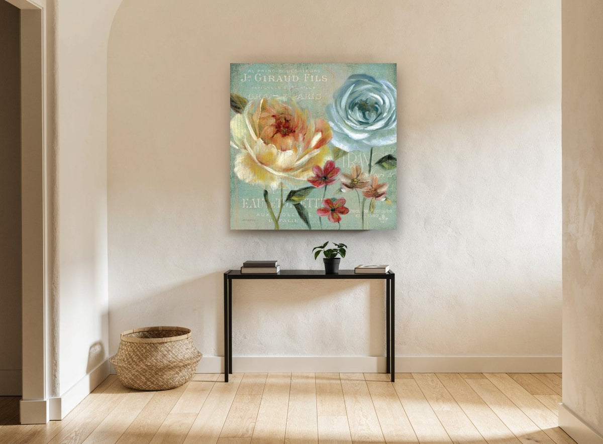 Blue Rose French Label floral canvas print on the wall of a hallway