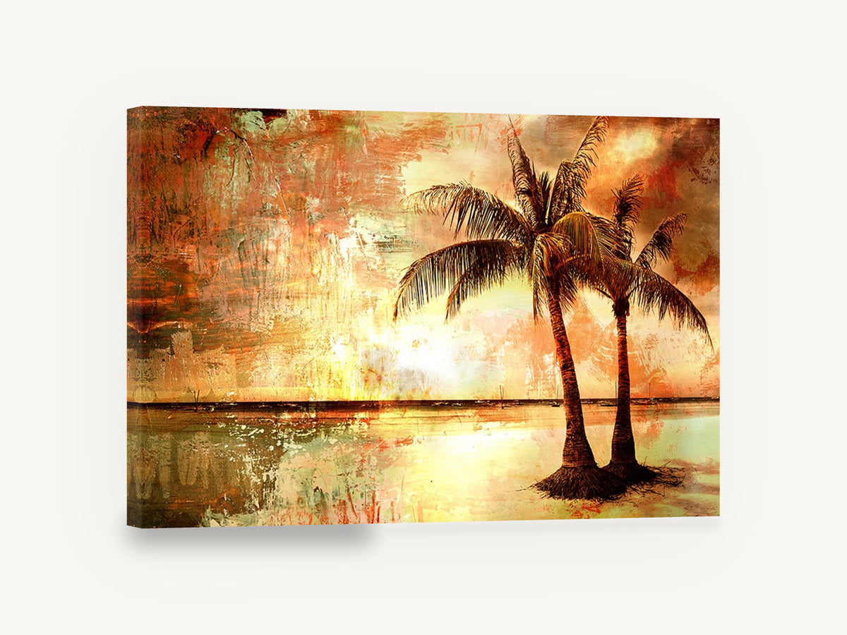 Amber Shore Palms, sunset palm trees beach textured art, floral canvas wall art print ready to hang