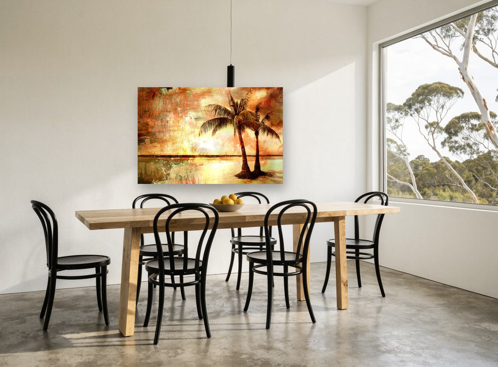 Amber Shore Palms floral canvas print on the wall of a dining room