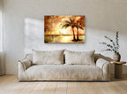 Amber Shore Palms floral canvas print on the wall of a living room