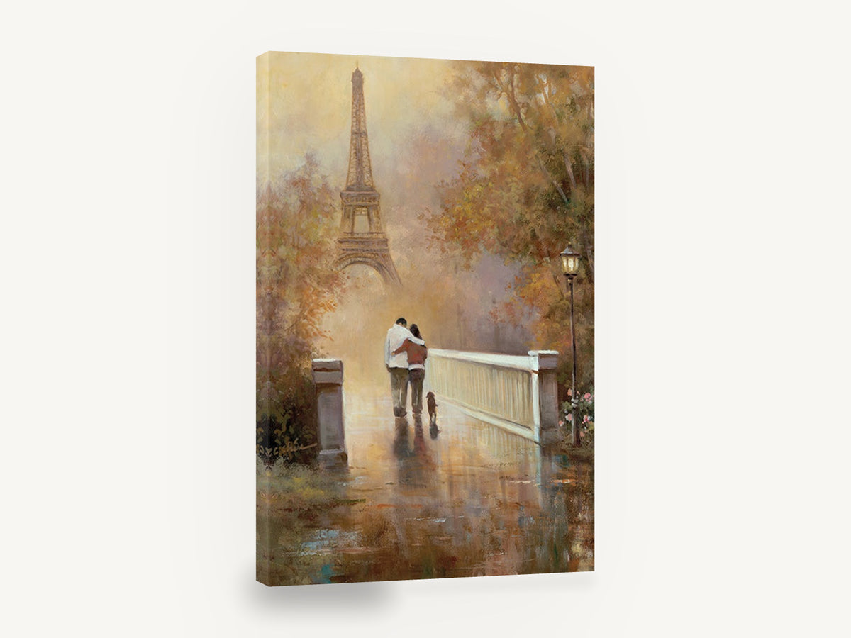 Autumn Walk Towards Eiffel, paris eiffel tower couple autumn painting, city canvas wall art print ready to hang