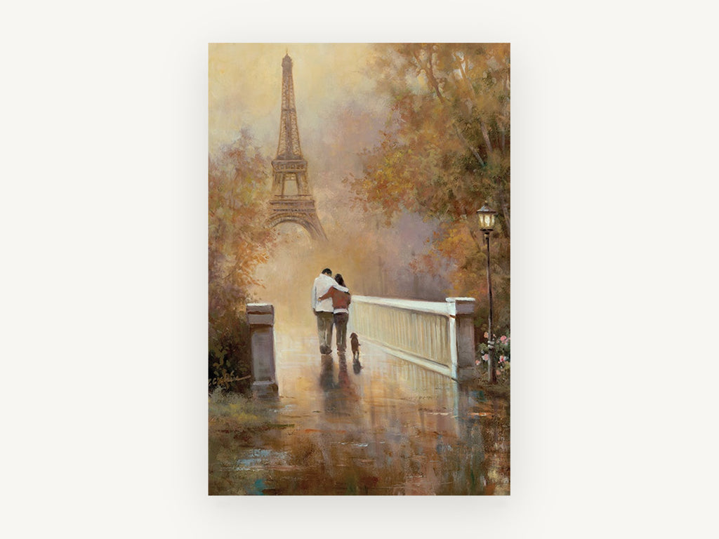 Autumn Walk Towards Eiffel, paris eiffel tower couple autumn painting, city canvas wall art print, front view