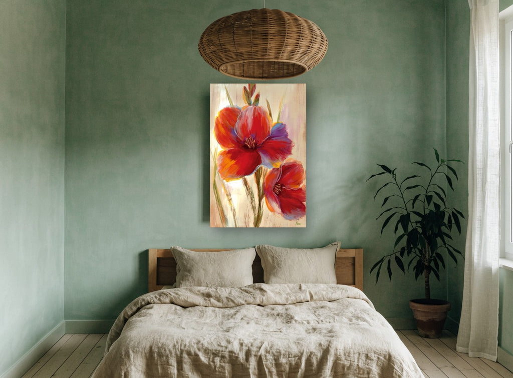 Scarlet Blooms at Dawn floral canvas print on the wall of a bedroom