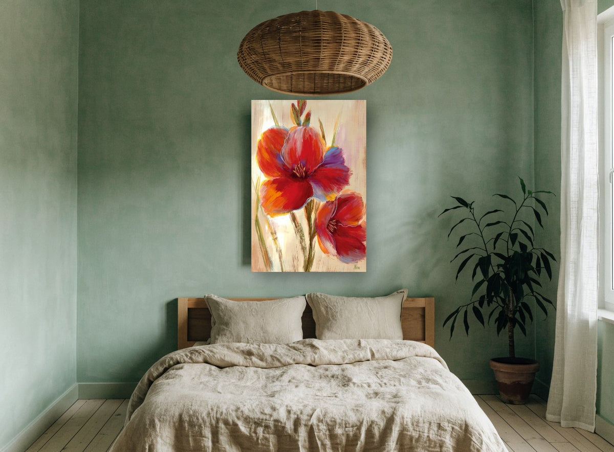 Scarlet Blooms at Dawn floral canvas print on the wall of a bedroom