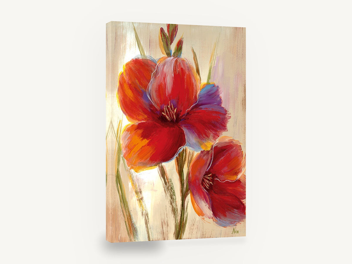 Scarlet Blooms at Dawn, red flowers contemporary floral painting, floral canvas wall art print ready to hang
