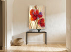 Scarlet Blooms at Dawn floral canvas print on the wall of a hallway