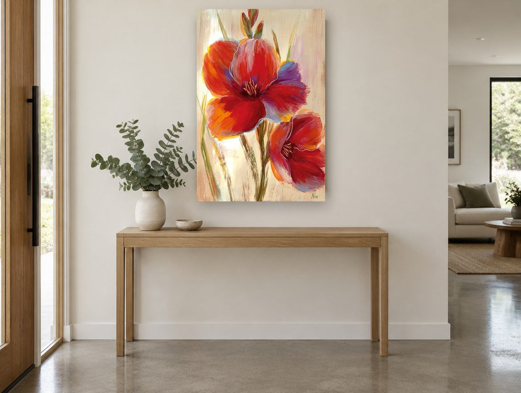 Scarlet Blooms at Dawn floral canvas print on the wall of a entry hall