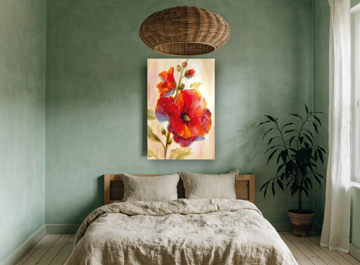 Scarlet Hollyhock Bloom floral canvas print on the wall of a bedroom