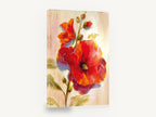 Scarlet Hollyhock Bloom, red hollyhock flower painting portrait, floral canvas wall art print ready to hang