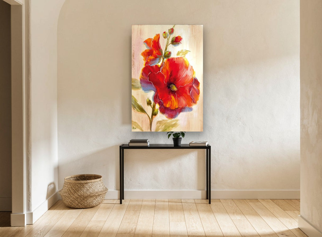 Scarlet Hollyhock Bloom floral canvas print on the wall of a hallway