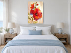 Scarlet Hollyhock Bloom floral canvas print on the wall of a coastal bedroom