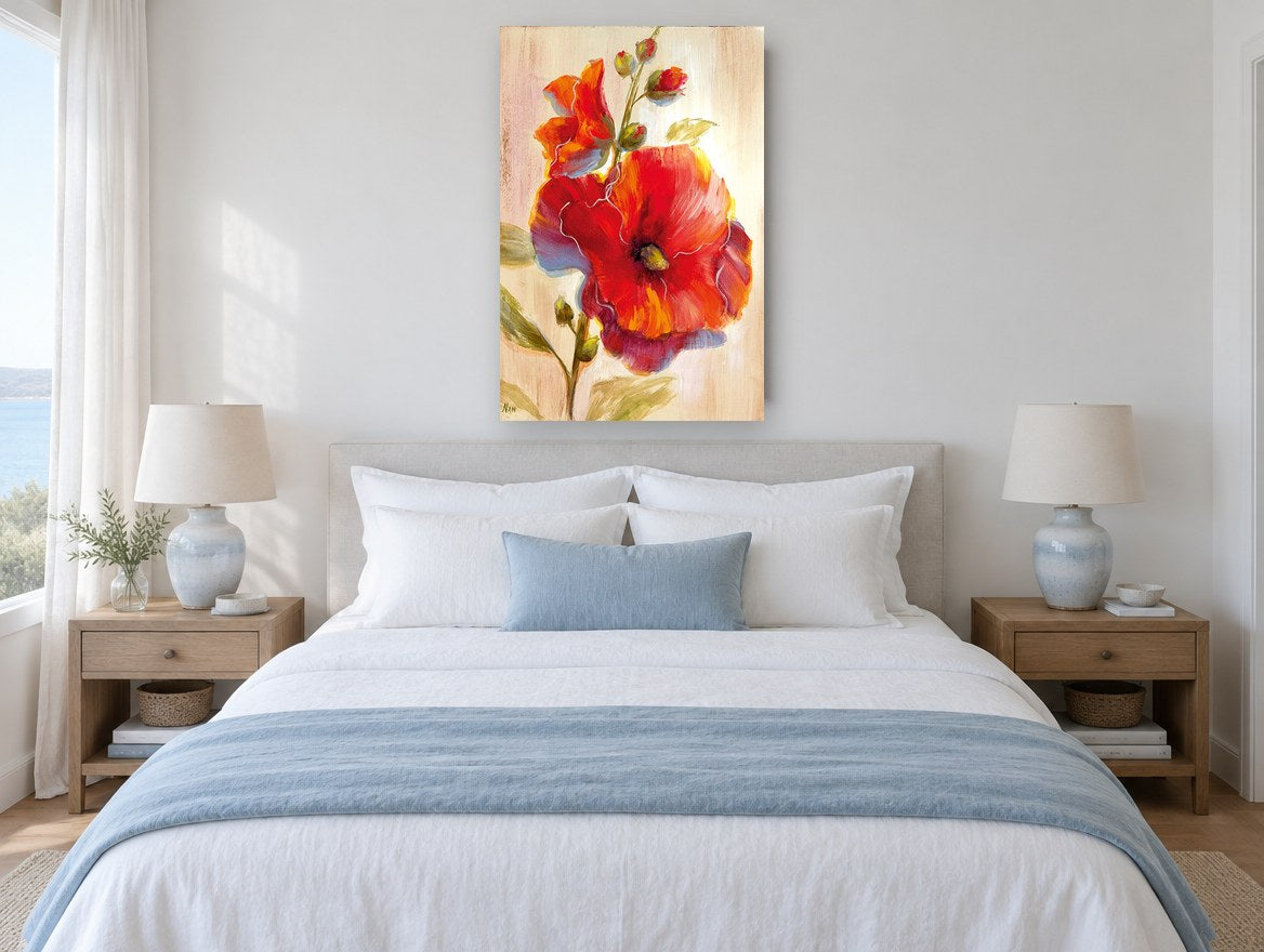 Scarlet Hollyhock Bloom floral canvas print on the wall of a coastal bedroom