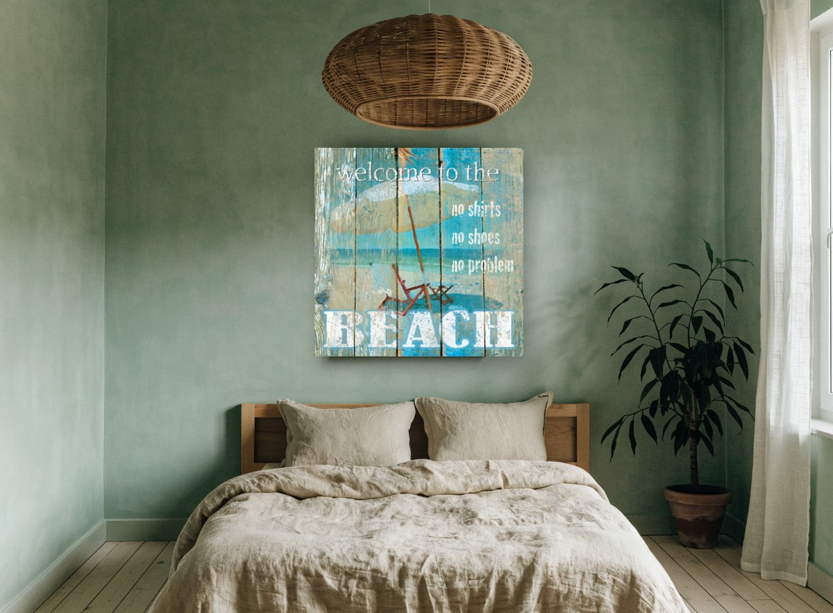 No Shoes Beach Sign coastal canvas print on the wall of a bedroom