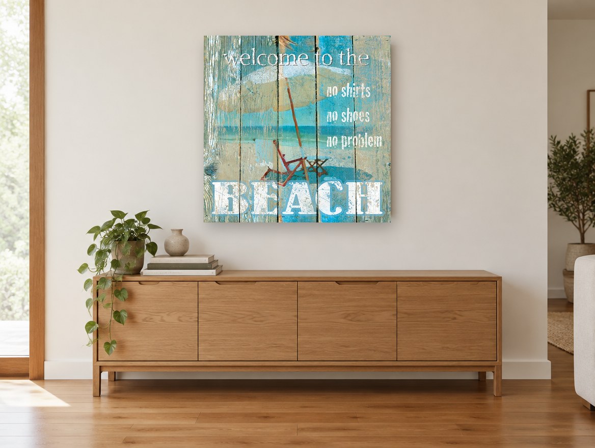 No Shoes Beach Sign coastal canvas print on the wall of a living room above a sideboard