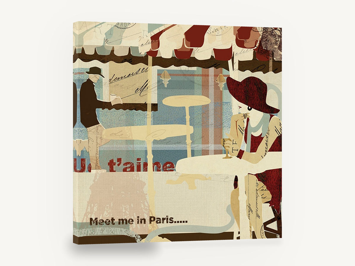 Café Table Rendezvous, paris café scene illustration, city canvas wall art print ready to hang