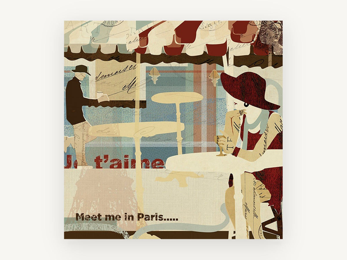 Café Table Rendezvous, paris café scene illustration, city canvas wall art print, front view