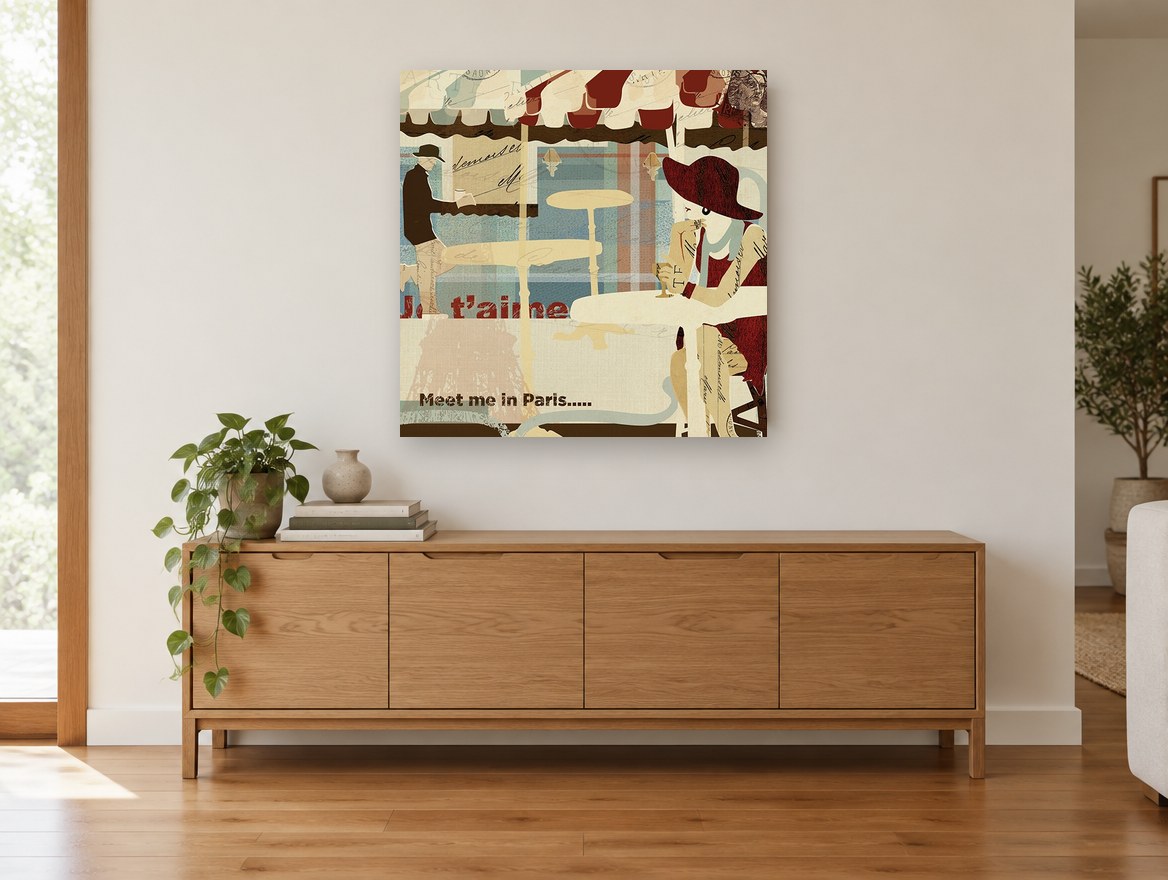 Café Table Rendezvous city canvas print on the wall of a living room above a sideboard