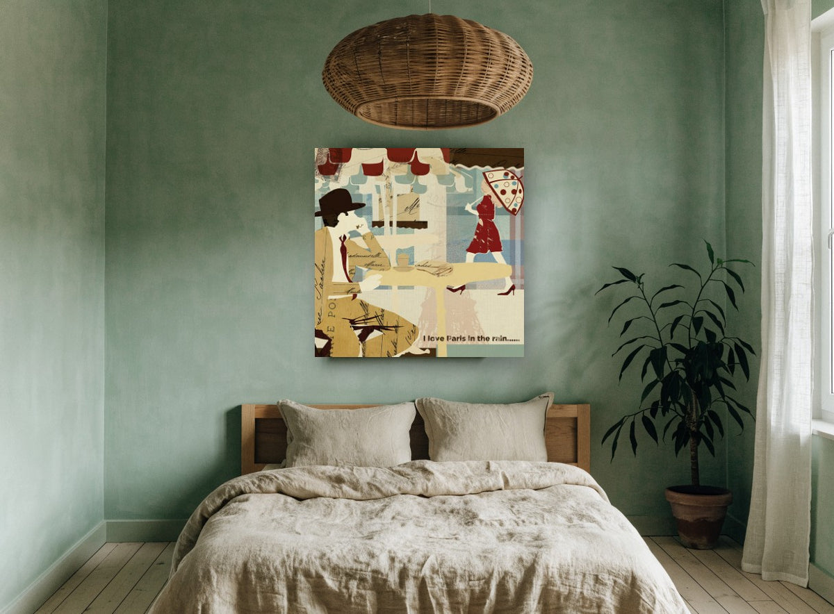 Paris Café Rain Collage city canvas print on the wall of a bedroom