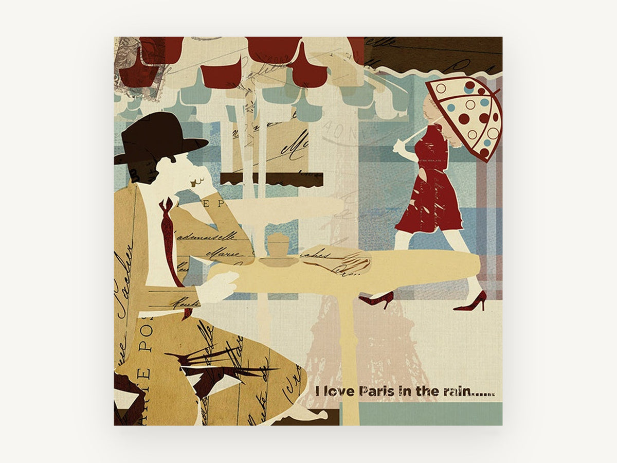 Paris Café Rain Collage, paris café in the rain collage, city canvas wall art print, front view