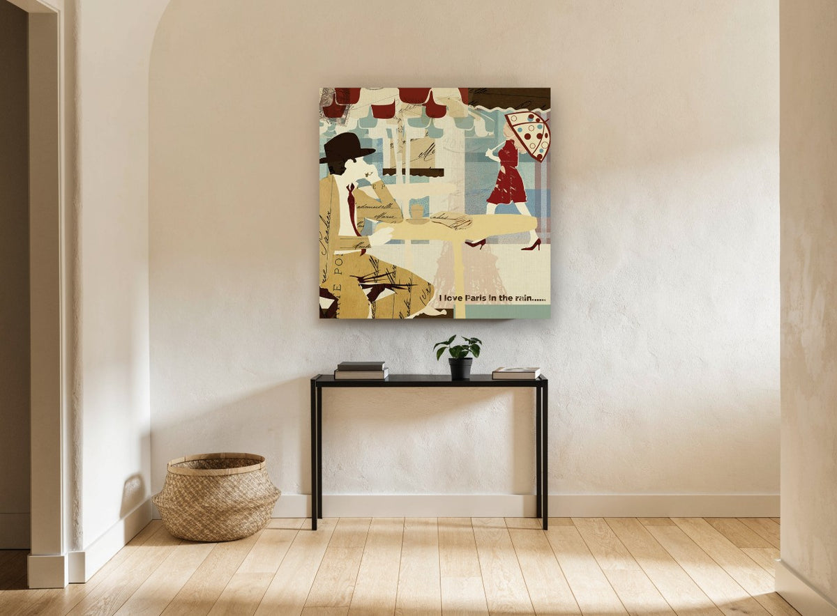 Paris Café Rain Collage city canvas print on the wall of a hallway