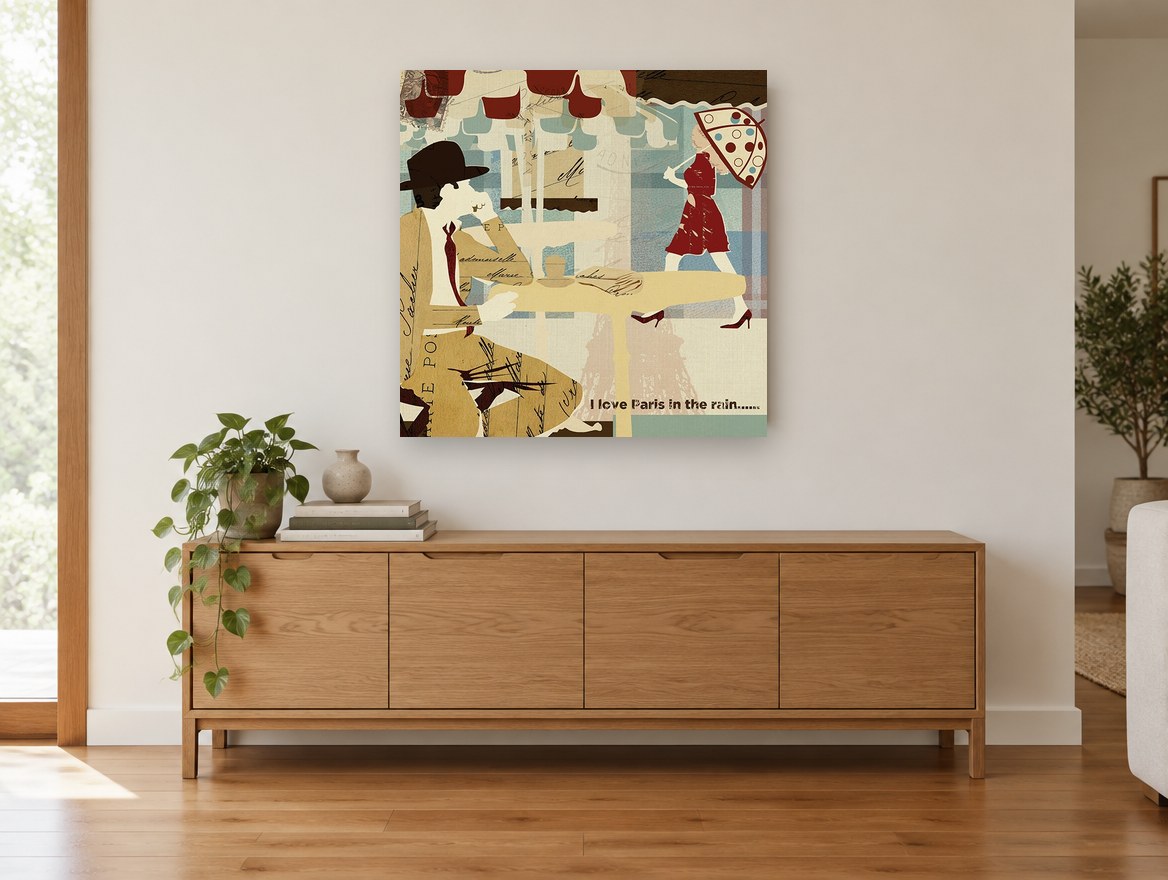 Paris Café Rain Collage city canvas print on the wall of a living room above a sideboard