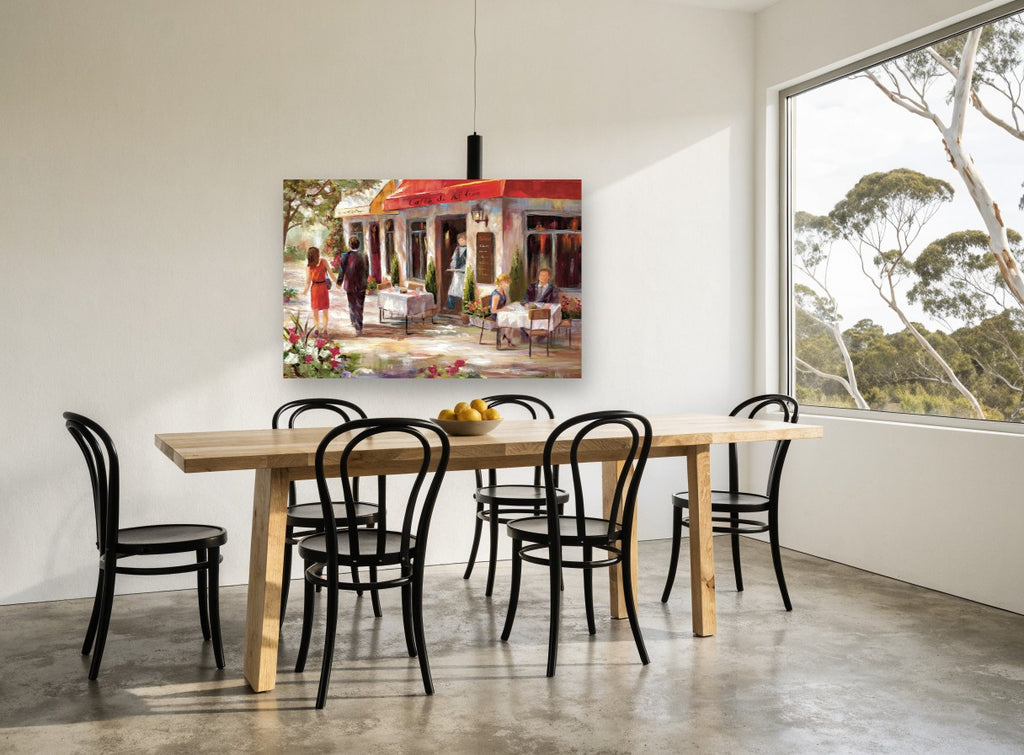 Sunlit Café Terrace kitchen canvas print on the wall of a dining room