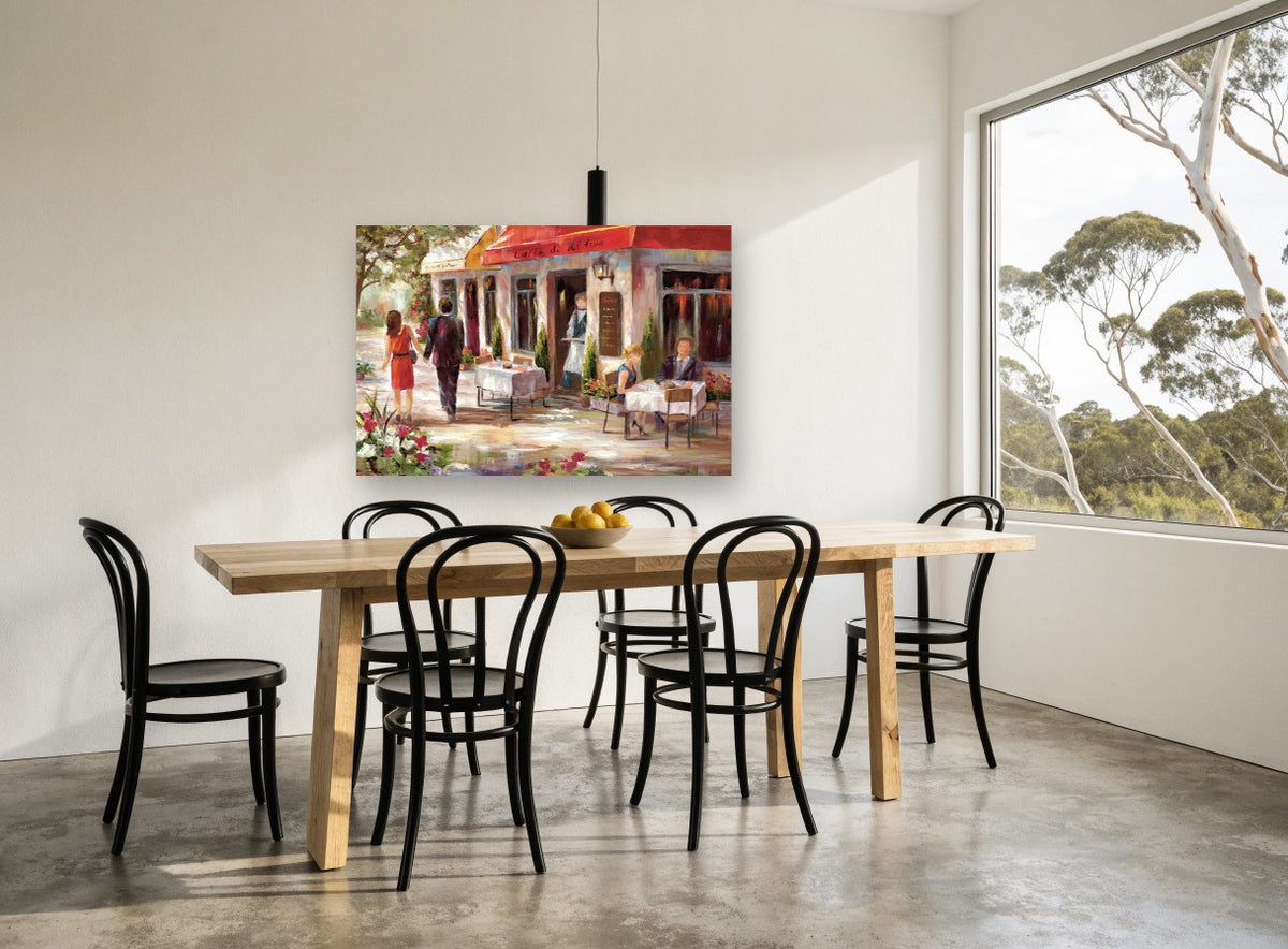 Sunlit Café Terrace kitchen canvas print on the wall of a dining room