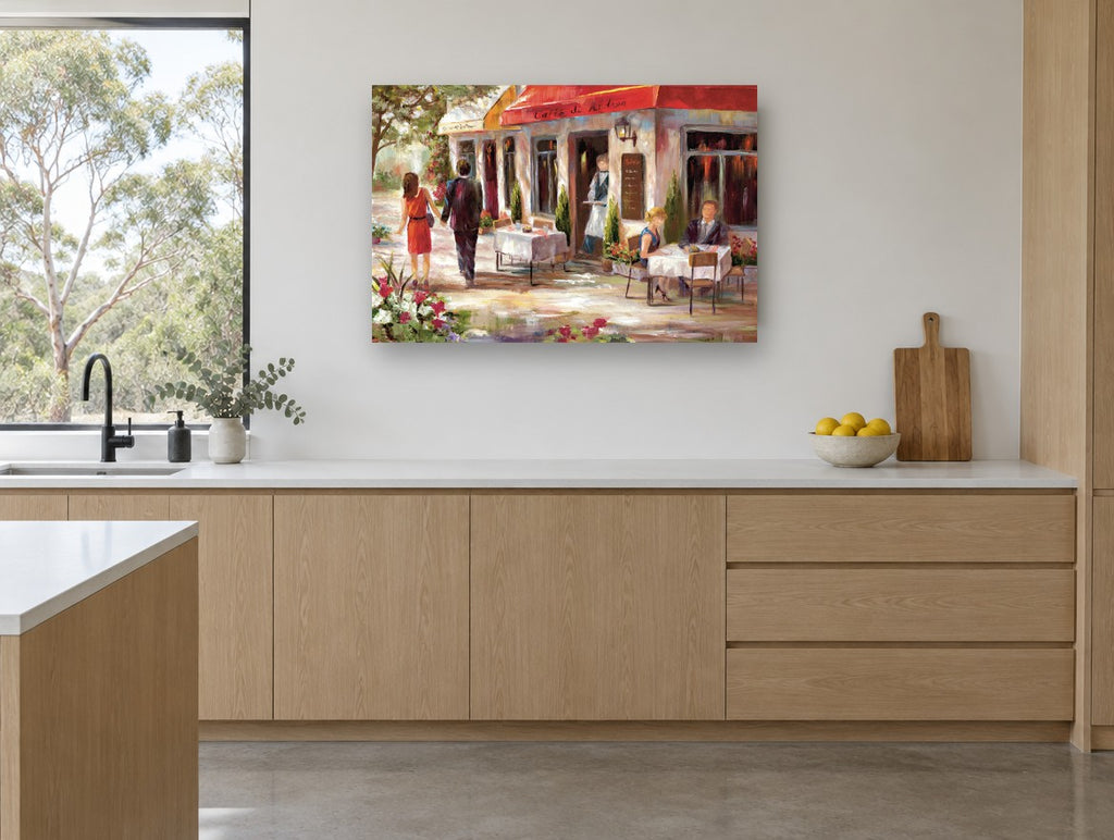 Sunlit Café Terrace kitchen canvas print on the wall of a kitchen