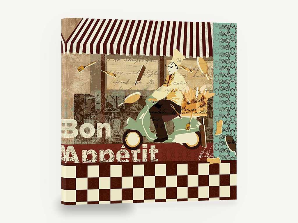 Scooter Chef Bistro, chef on scooter bon appetit kitchen, kitchen canvas wall art print ready to hang