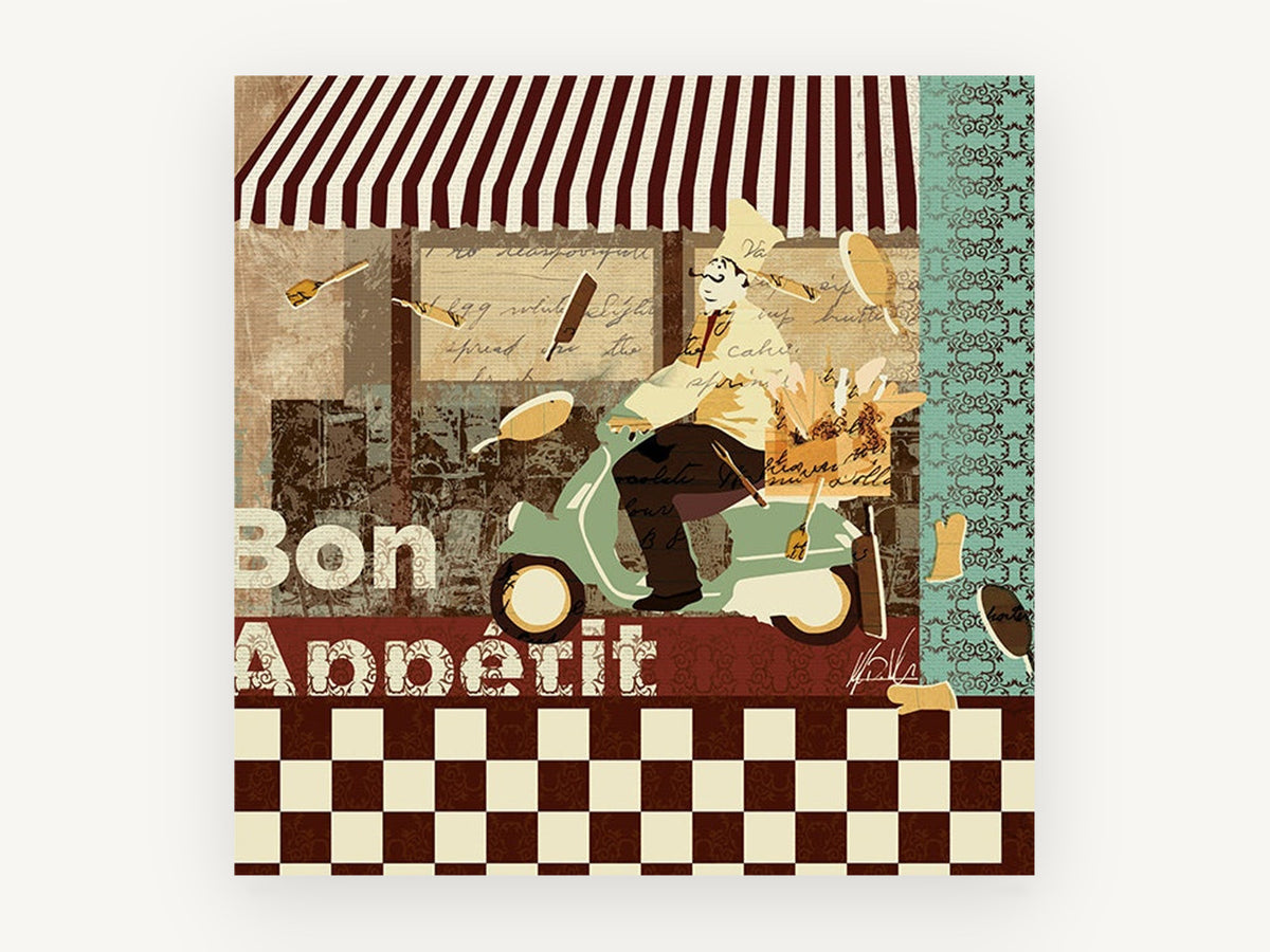 Scooter Chef Bistro, kitchen canvas wall art print, front view