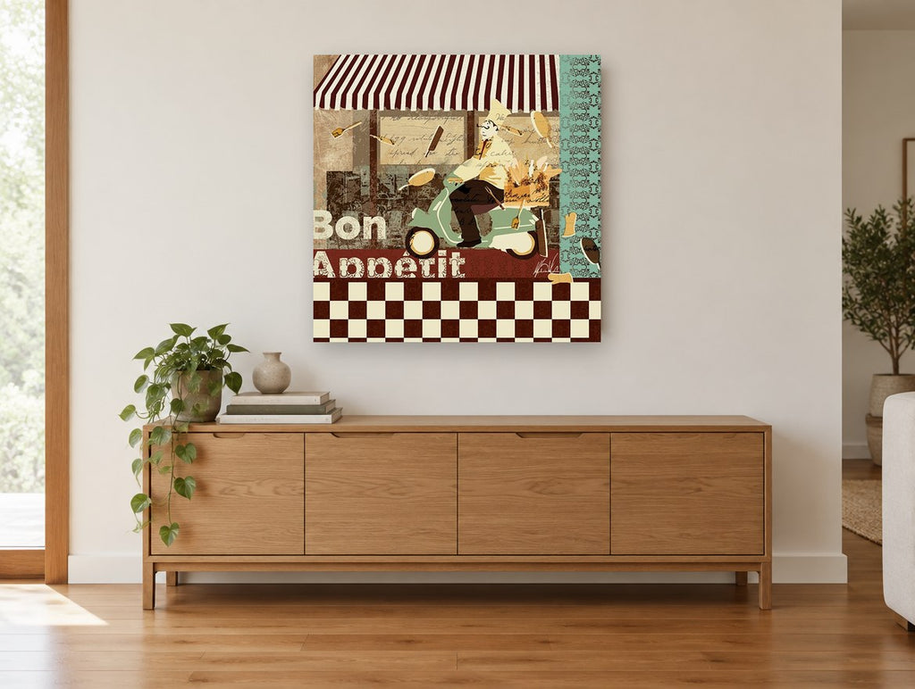 Scooter Chef Bistro kitchen canvas print on the wall of a living room above a sideboard