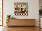 Scooter Chef Bistro kitchen canvas print on the wall of a living room above a sideboard