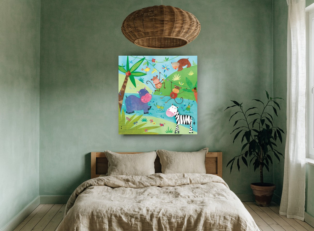 Riverbank Jungle Party animal canvas print on the wall of a bedroom