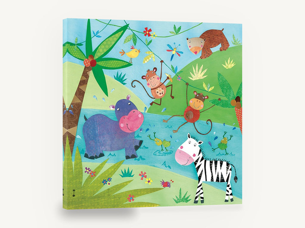 Riverbank Jungle Party, kids jungle animals collage illustration, animal canvas wall art print ready to hang