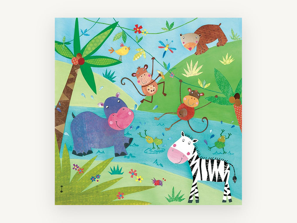 Riverbank Jungle Party, kids jungle animals collage illustration, animal canvas wall art print, front view