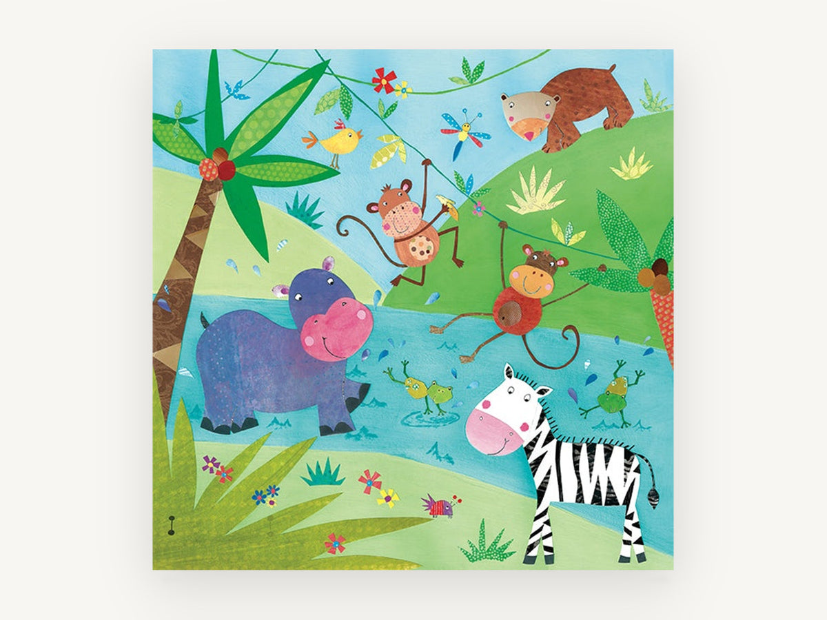 Riverbank Jungle Party, kids jungle animals collage illustration, animal canvas wall art print, front view