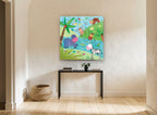 Riverbank Jungle Party animal canvas print on the wall of a hallway